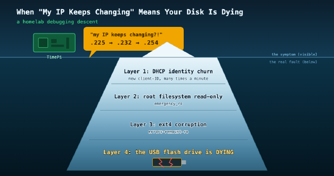 An iceberg: the small visible tip labelled 'my NTP server's IP keeps changing', with a huge hidden mass below whose deepest layer is a cracked, dying USB flash drive